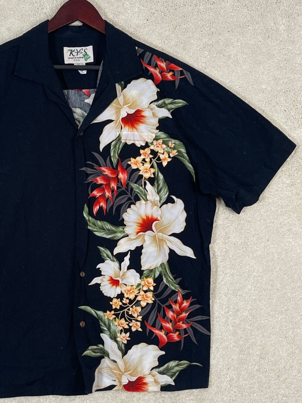 Vintage KY’S Hawaiian Shirt Size XL 100% Cotton Made in Hawaii Black Floral